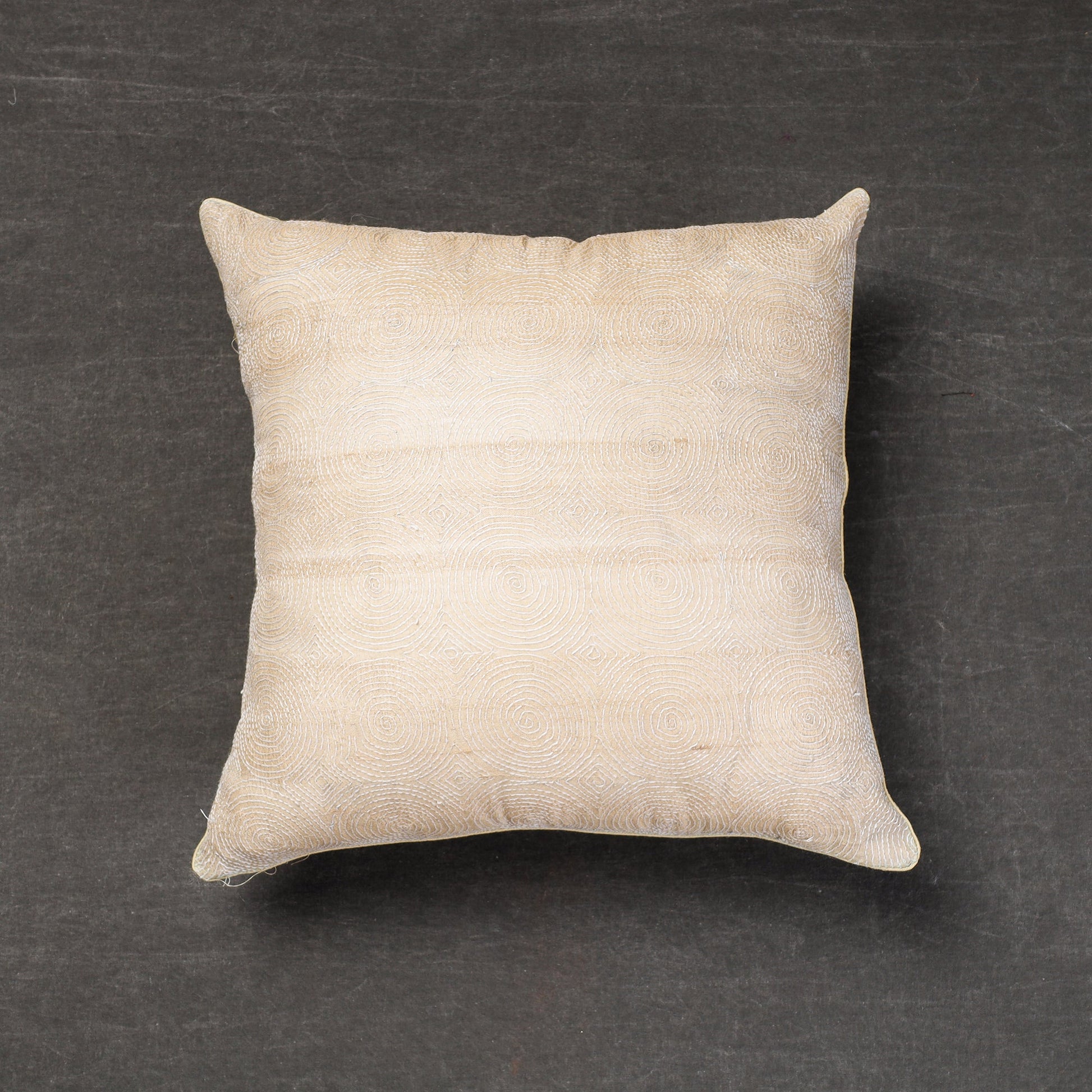 Beige - Bengal Kantha Embroidery Tussar Silk Cushion Cover (16 x 16 in)