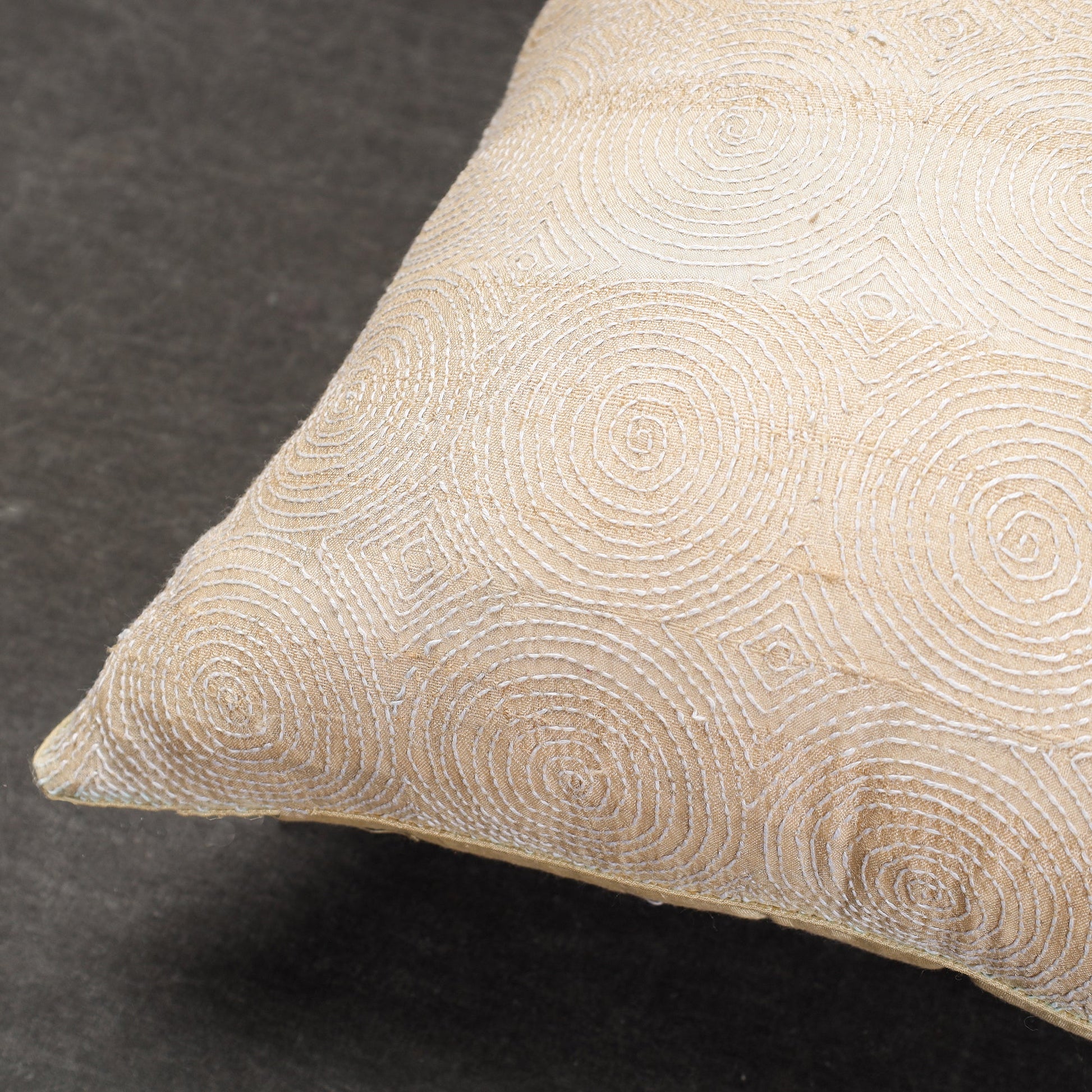 Beige - Bengal Kantha Embroidery Tussar Silk Cushion Cover (16 x 16 in)