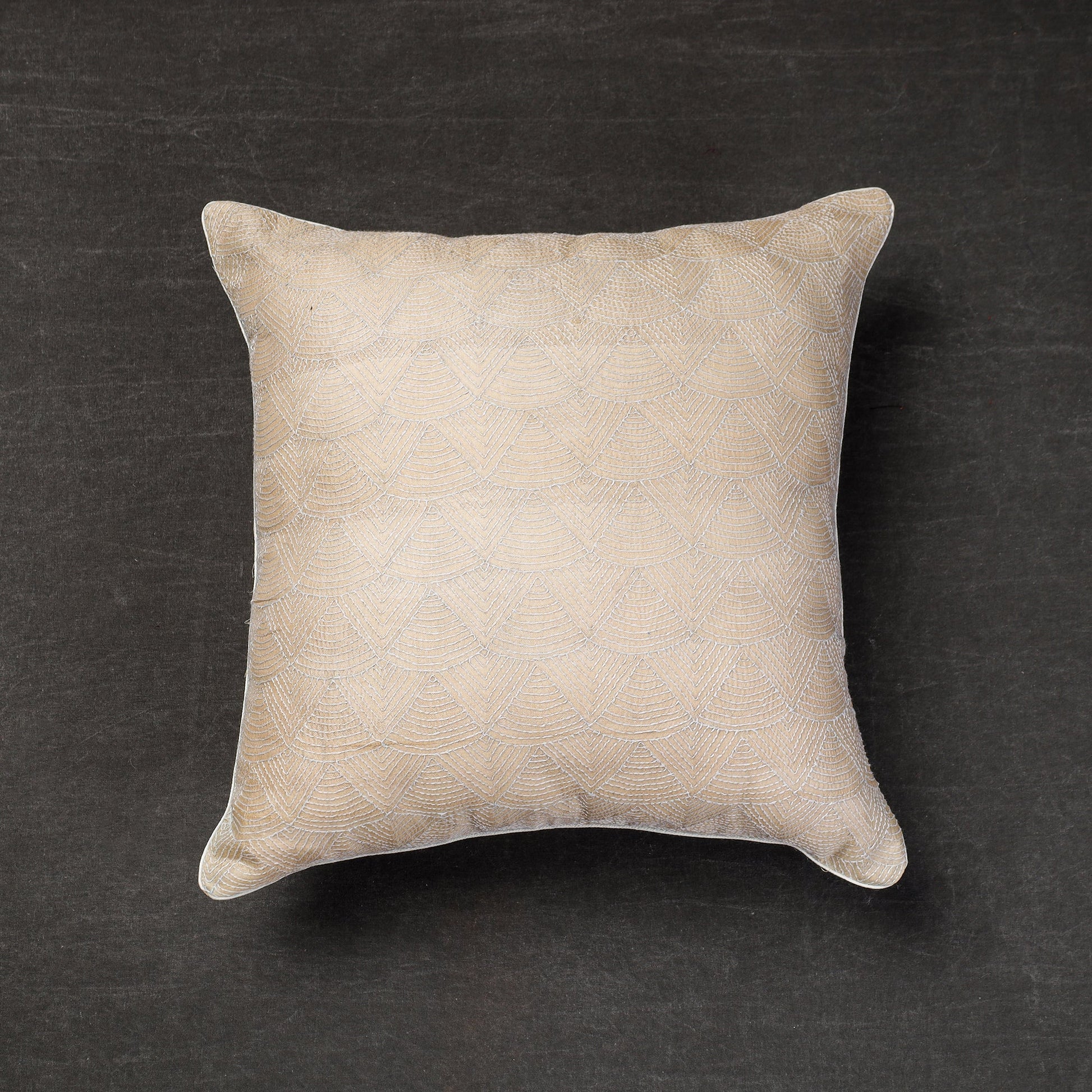 Beige - Bengal Kantha Embroidery Tussar Silk Cushion Cover (16 x 16 in)
