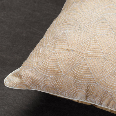 Beige - Bengal Kantha Embroidery Tussar Silk Cushion Cover (16 x 16 in)