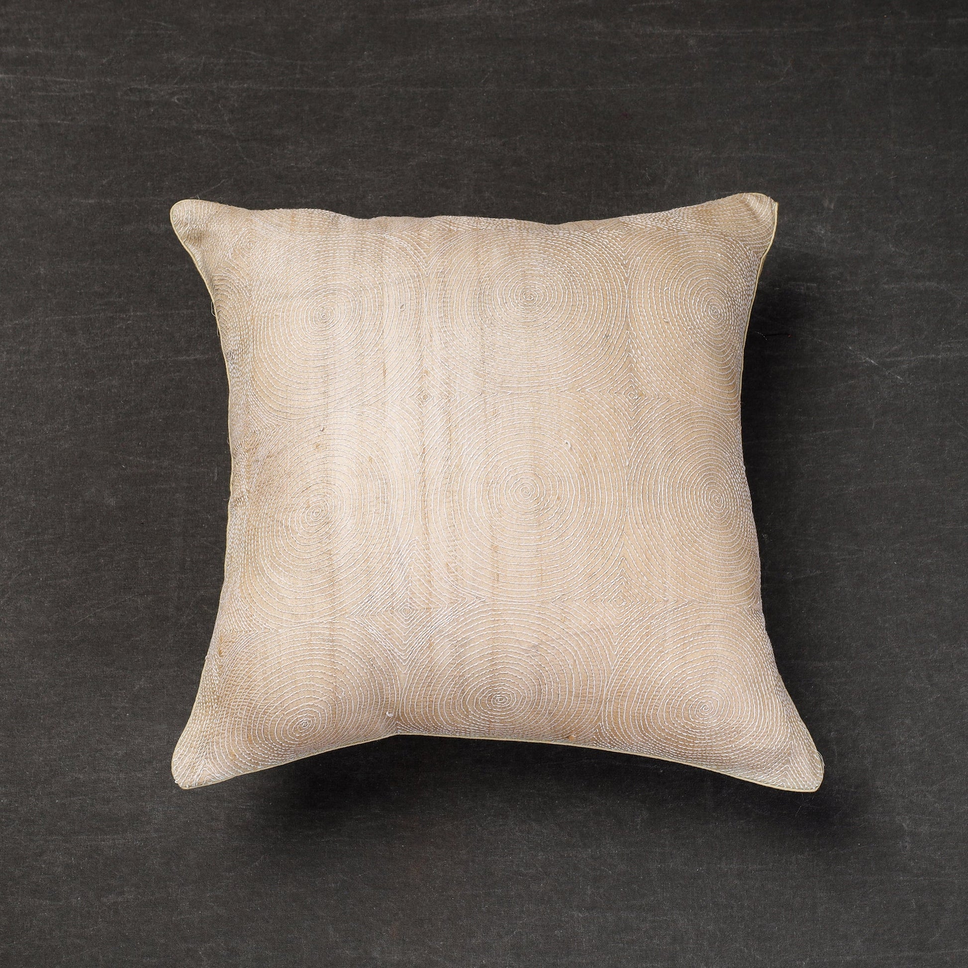 Beige - Tussar Silk Bengal Kantha Work Cushion Cover 17
