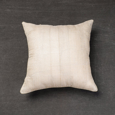Beige - Bengal Kantha Embroidery Tussar Silk Cushion Cover (16 x 16 in)