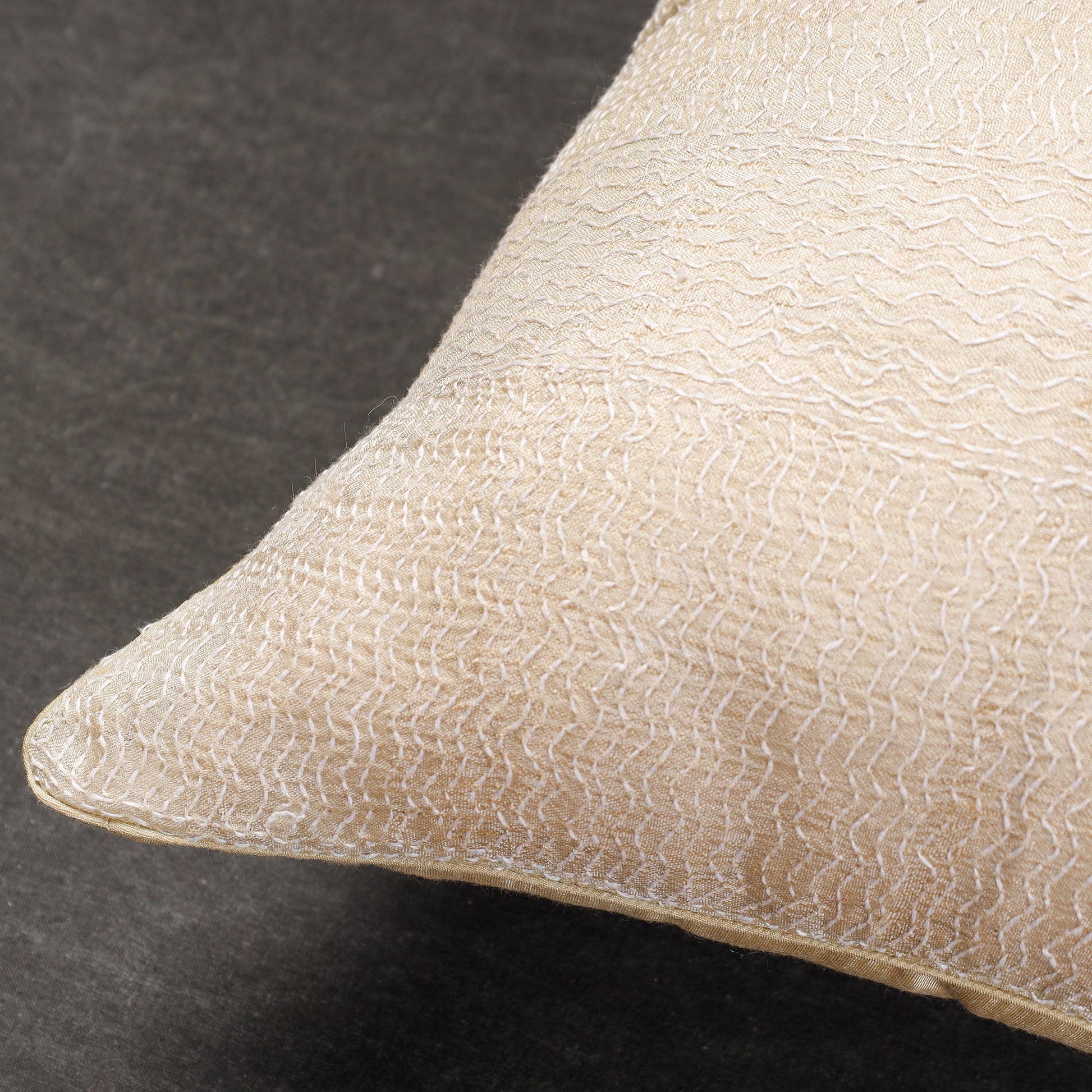 Beige - Bengal Kantha Embroidery Tussar Silk Cushion Cover (16 x 16 in)