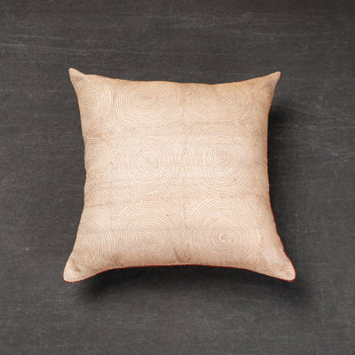 Beige - Bengal Kantha Embroidery Tussar Silk Cushion Cover (16 x 16 in)