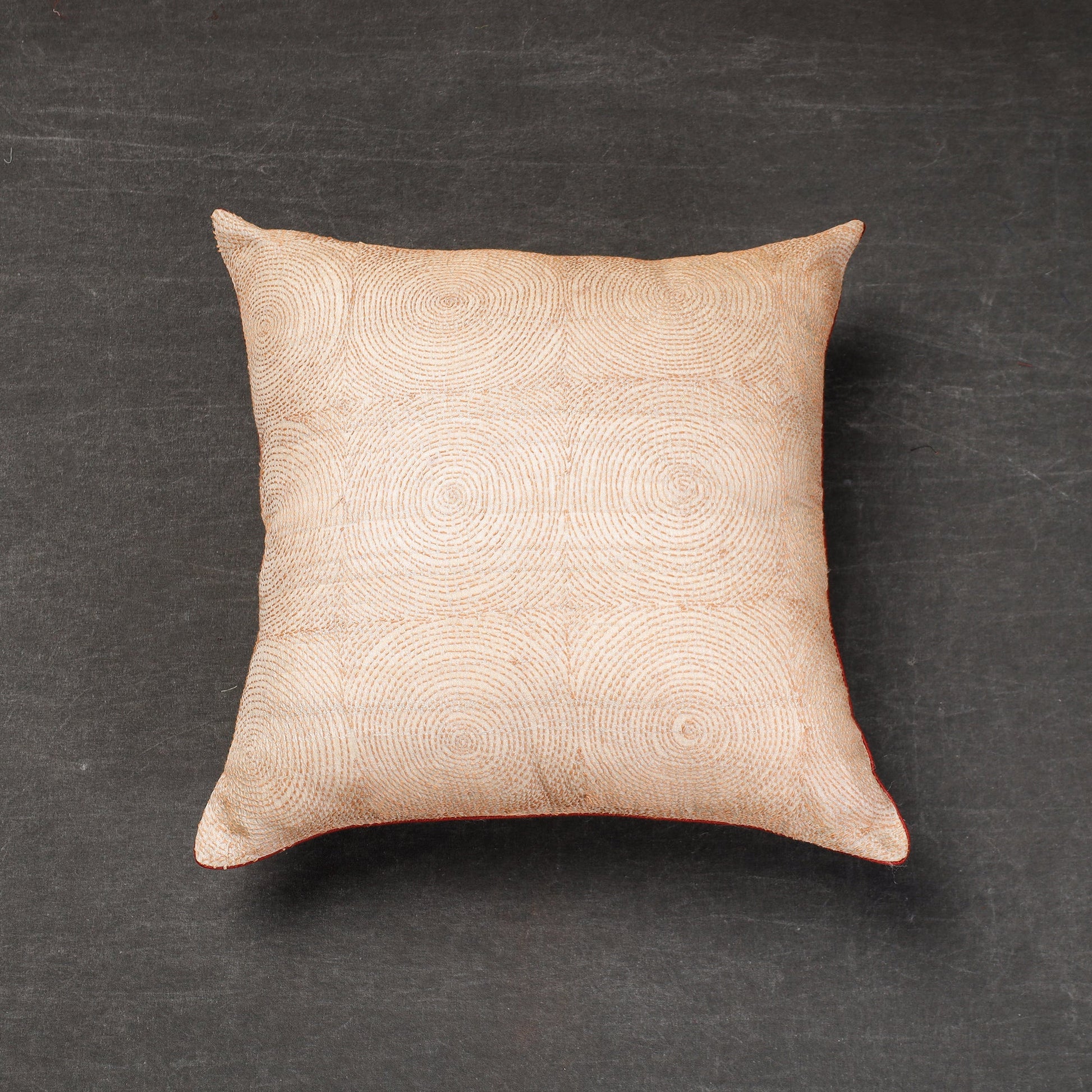 Beige - Bengal Kantha Embroidery Tussar Silk Cushion Cover (16 x 16 in)