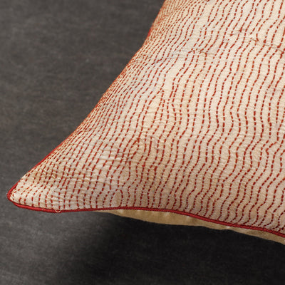 Beige - Bengal Kantha Embroidery Tussar Silk Cushion Cover (16 x 16 in)