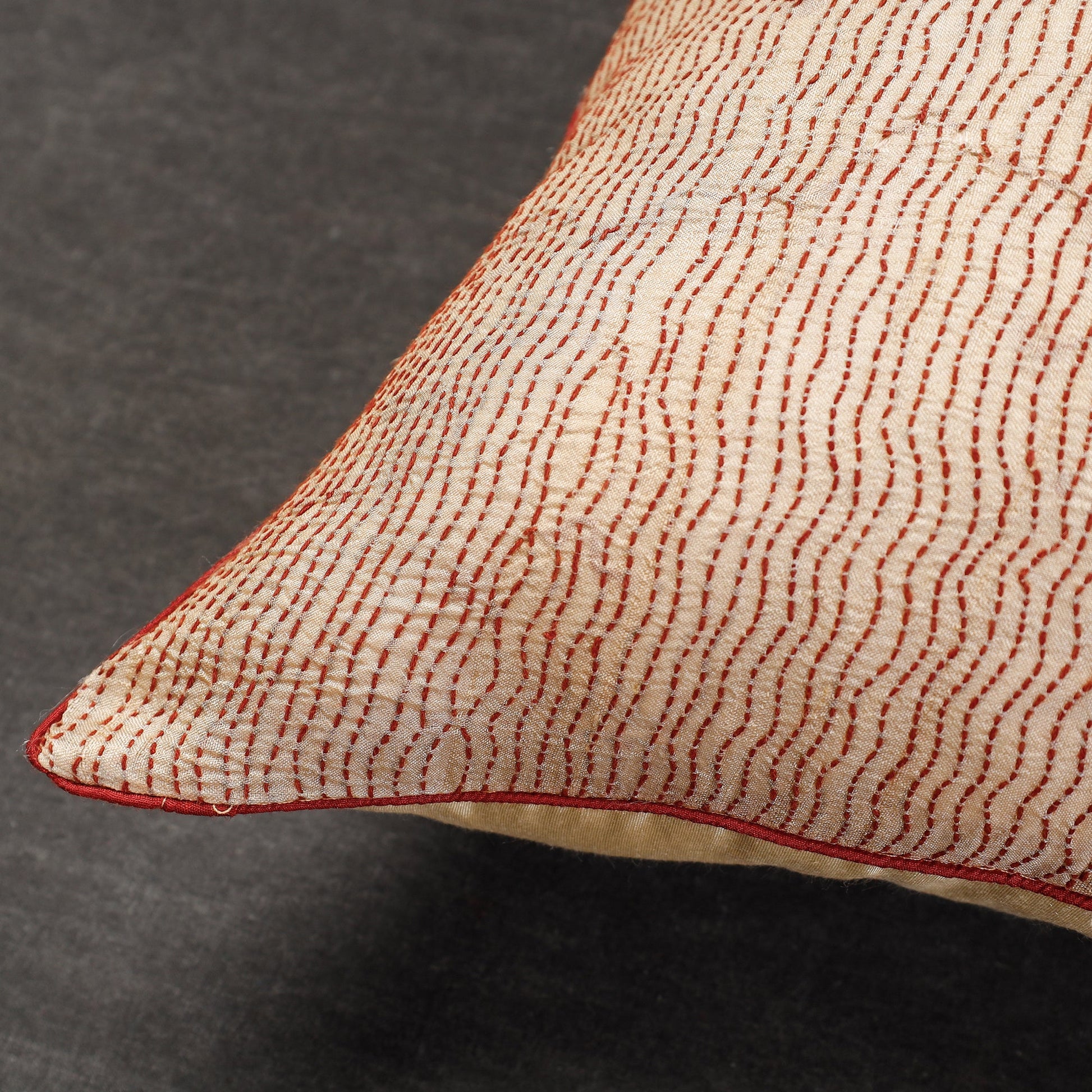 Beige - Bengal Kantha Embroidery Tussar Silk Cushion Cover (16 x 16 in)
