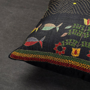 Black - Bengal Kantha Embroidery Mulberry Tussar Silk Cushion Cover (16 x 16 in)