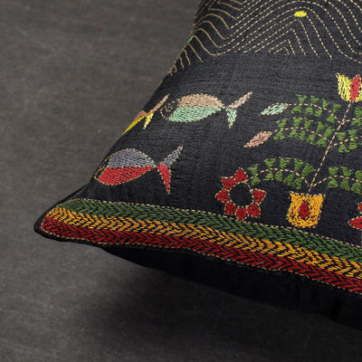 Black - Bengal Kantha Embroidery Mulberry Tussar Silk Cushion Cover (16 x 16 in)