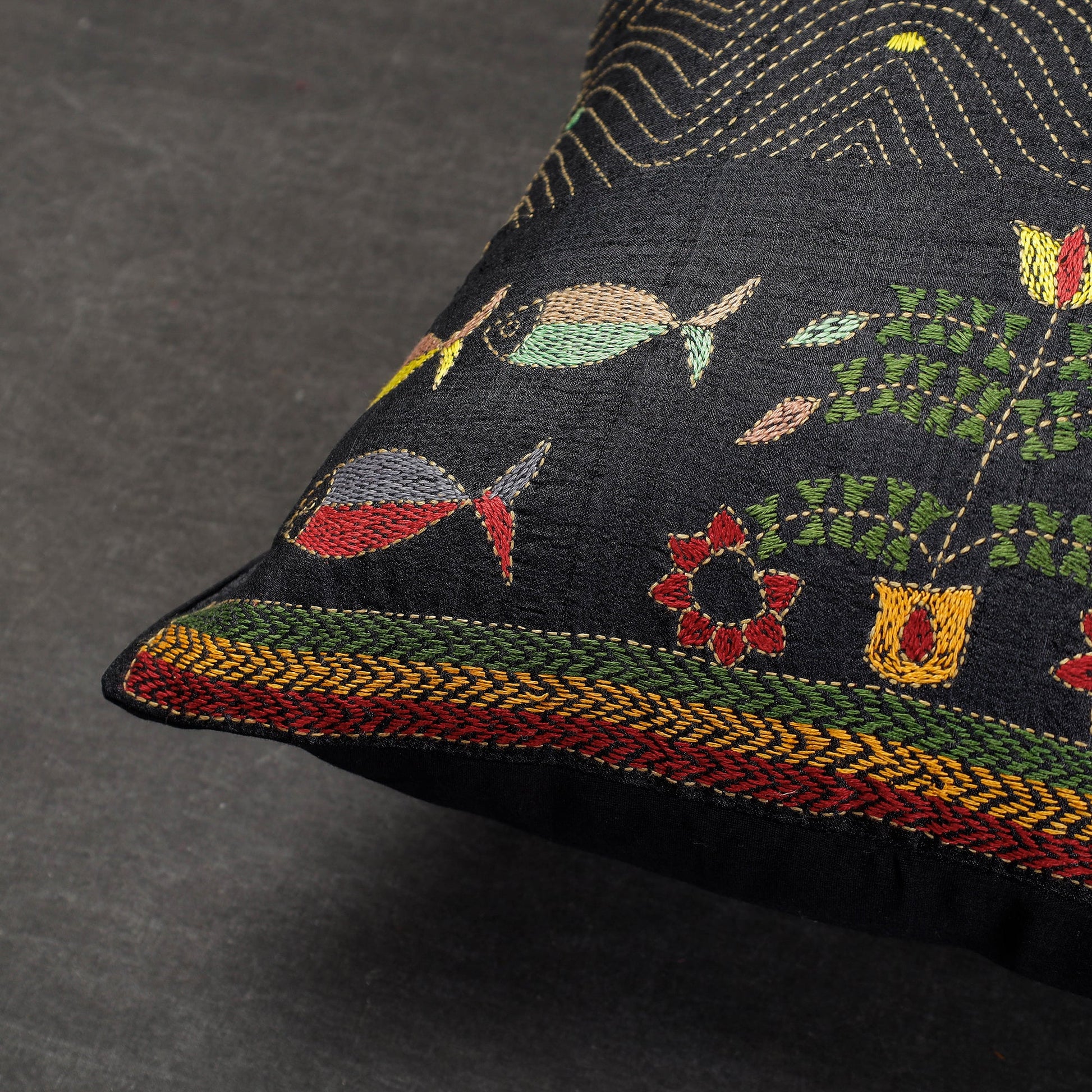 Black - Bengal Kantha Embroidery Mulberry Tussar Silk Cushion Cover (16 x 16 in)