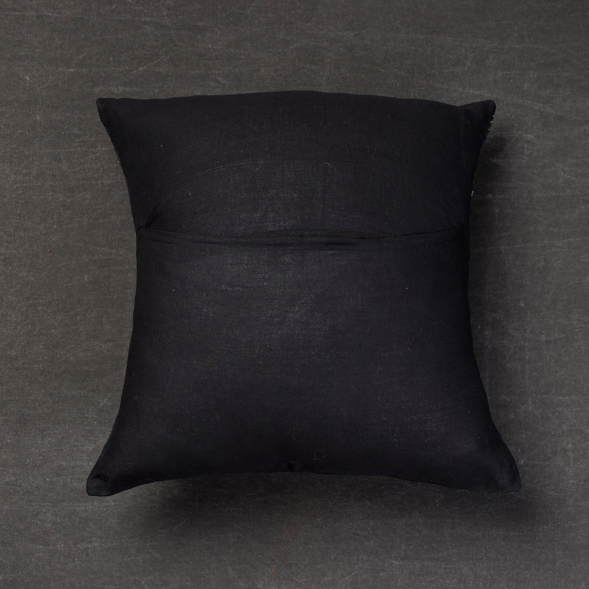 Black - Bengal Kantha Embroidery Mulberry Tussar Silk Cushion Cover (16 x 16 in)