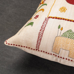 Beige - Bengal Kantha Embroidery Mulberry Tussar Silk Cushion Cover (16 x 16 in)
