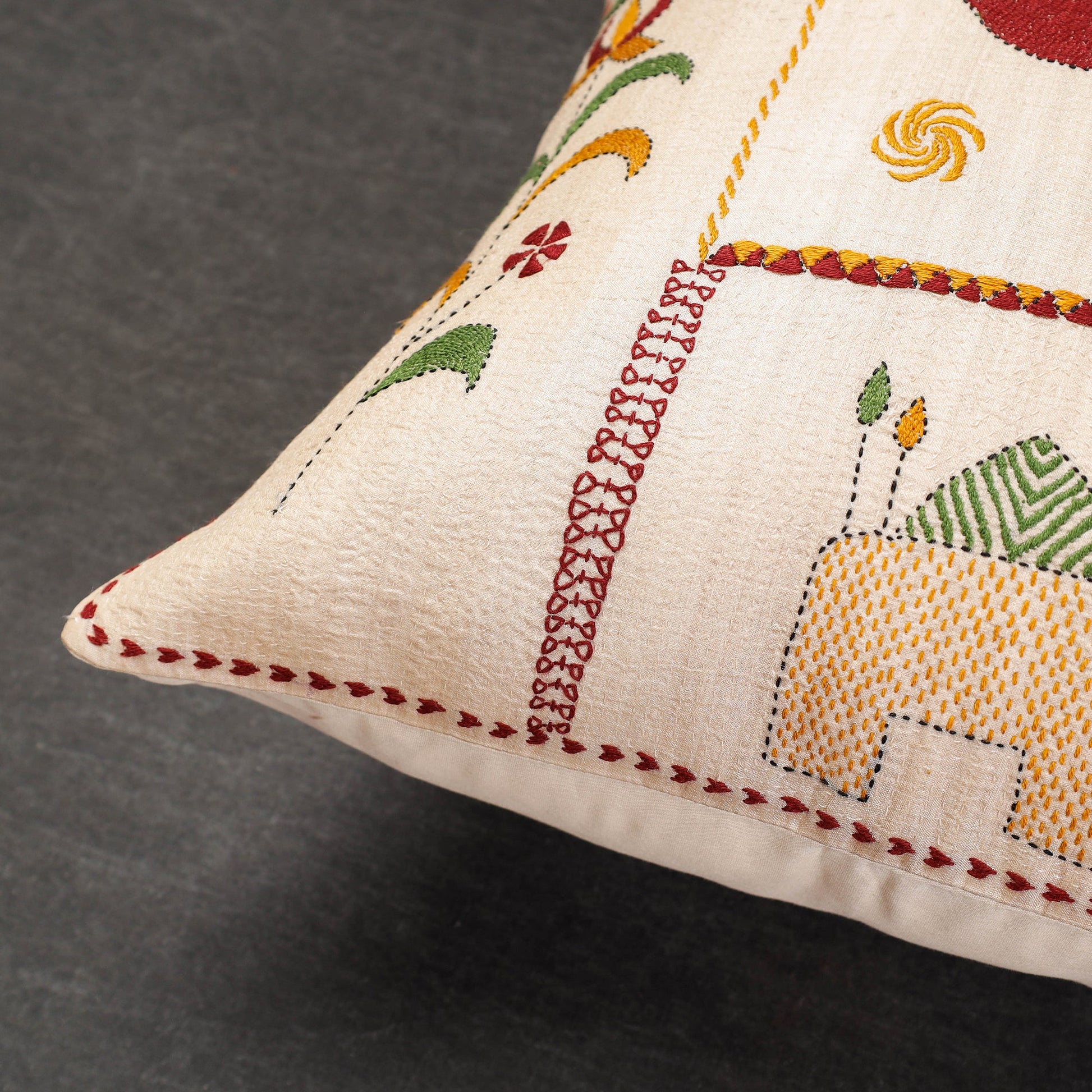 Beige - Bengal Kantha Embroidery Mulberry Tussar Silk Cushion Cover (16 x 16 in)