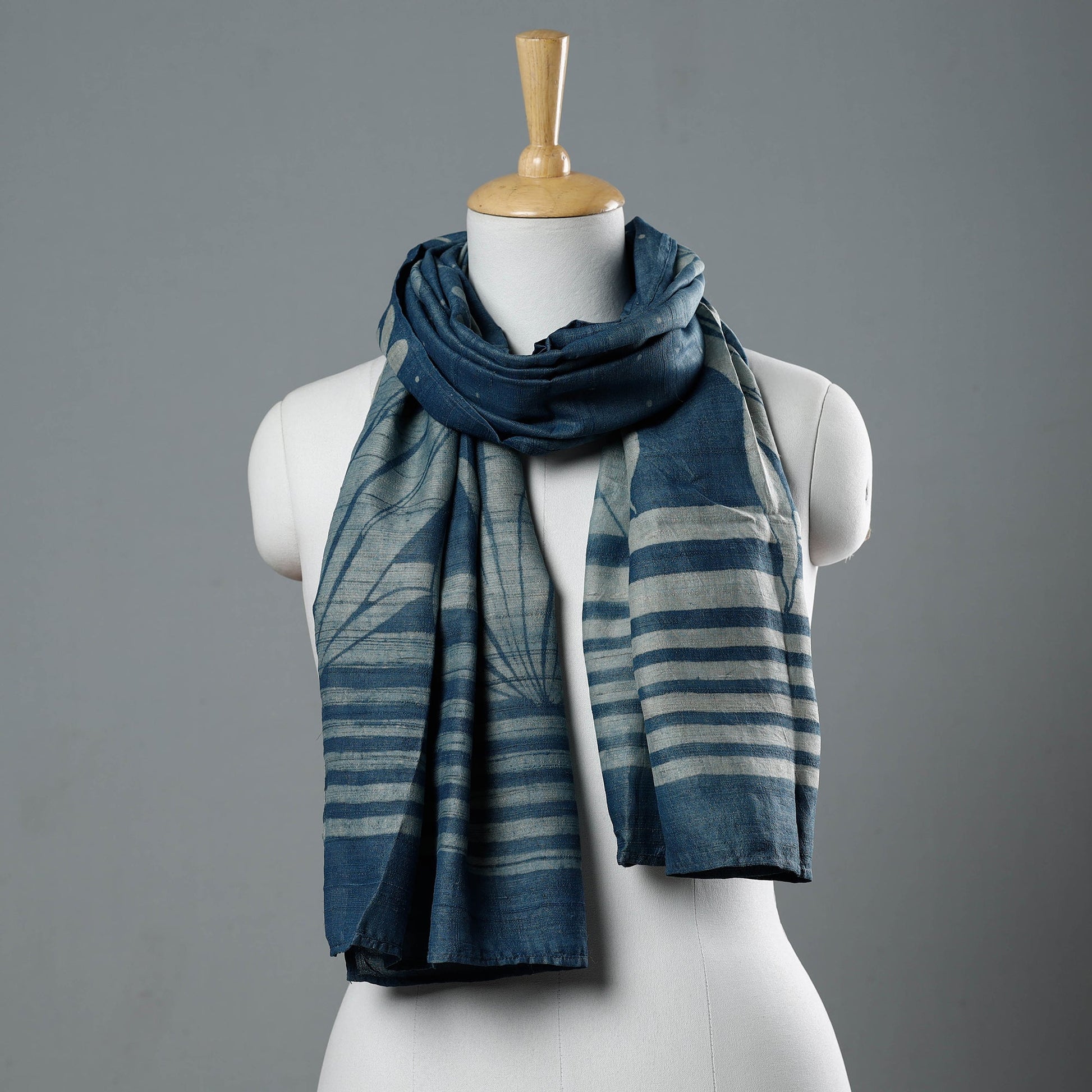 Blue - Block Art Print Natural Dyed Tussar Silk Bindaas Stole