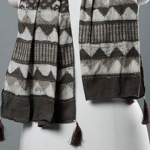 Brown - Bagru Block Printed Tagai Work Cotton Stole with Tassels