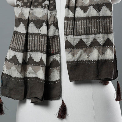 Brown - Bagru Block Printed Tagai Work Cotton Stole with Tassels