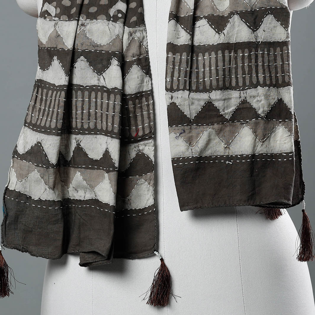 Brown - Bagru Block Printed Tagai Work Cotton Stole with Tassels