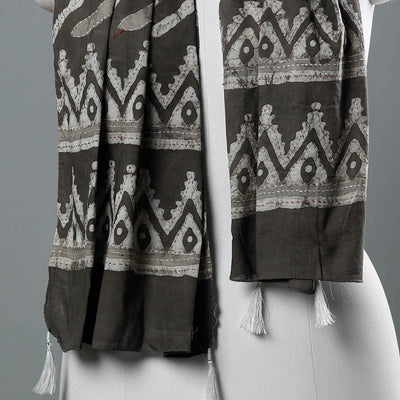 Brown - Bagru Block Printed Tagai Work Cotton Stole with Tassels