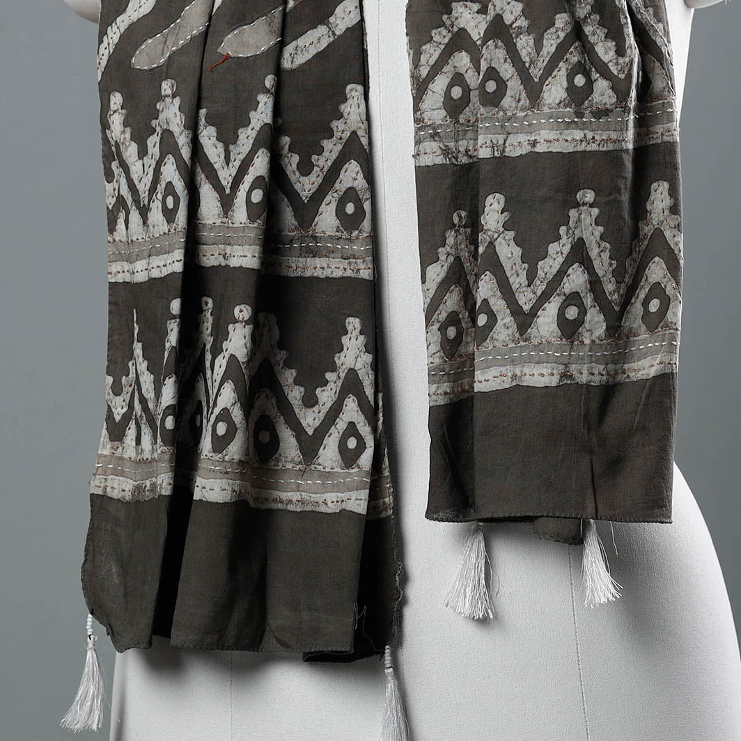 Brown - Bagru Block Printed Tagai Work Cotton Stole with Tassels