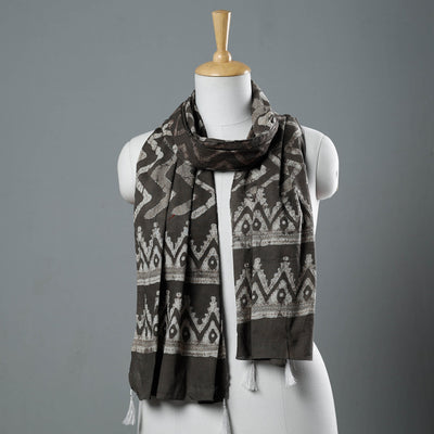 Brown - Bagru Block Printed Tagai Work Cotton Stole with Tassels