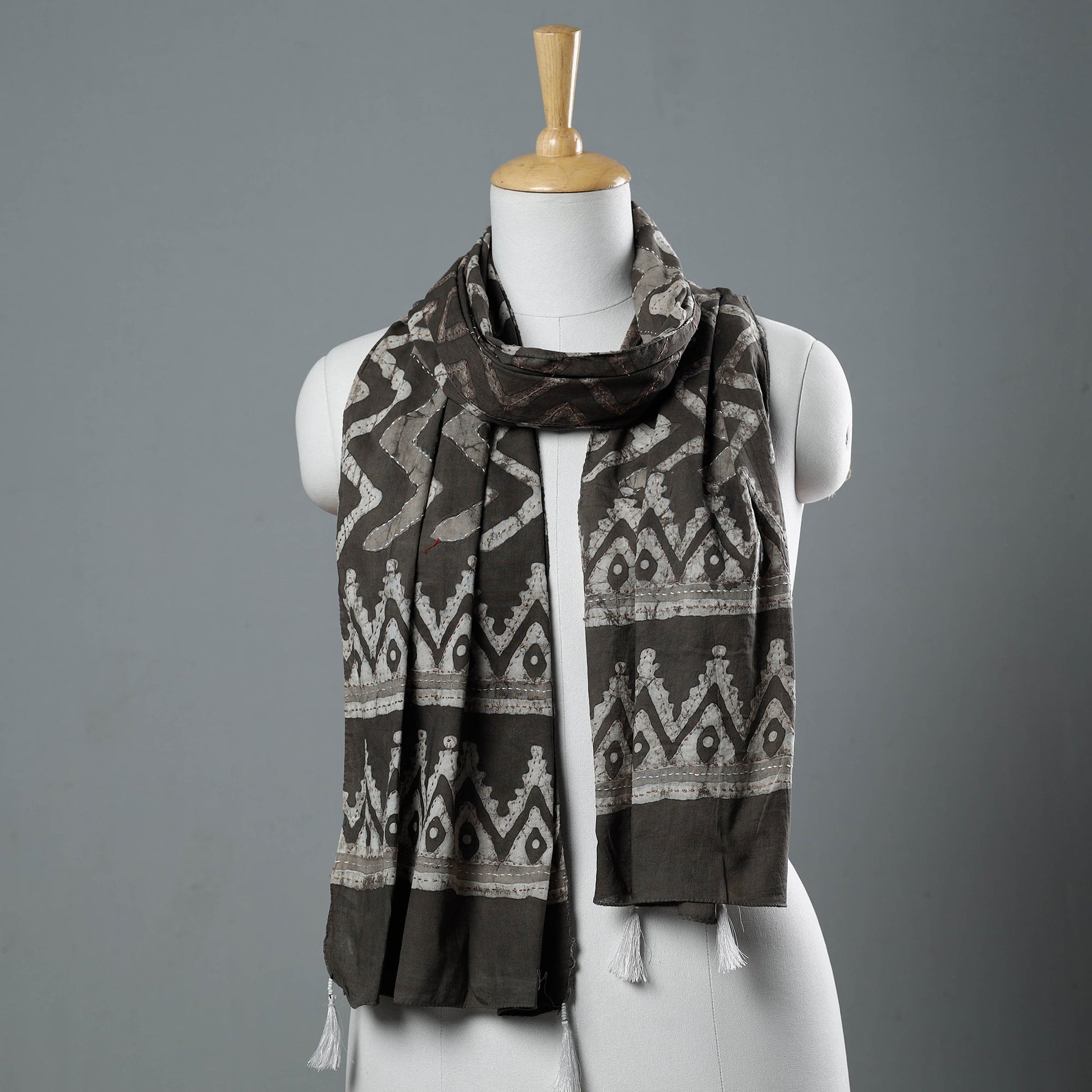 Brown - Bagru Block Printed Tagai Work Cotton Stole with Tassels