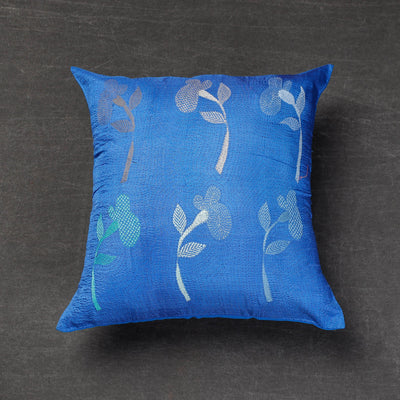 Blue - Bengal Kantha Embroidery Mulberry Silk Cushion Cover (16 x 16 in)