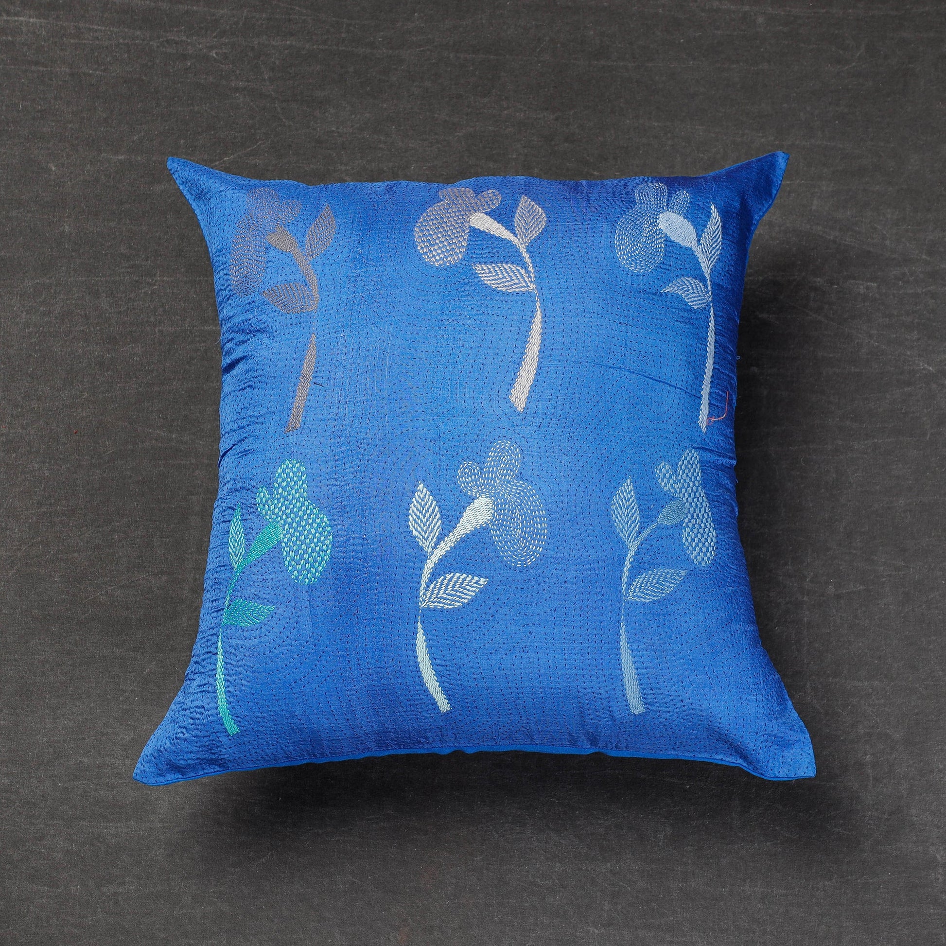 Blue - Bengal Kantha Embroidery Mulberry Silk Cushion Cover (16 x 16 in)