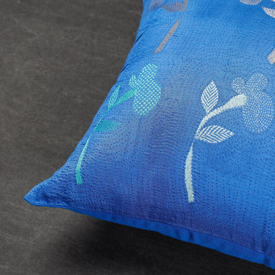 Blue - Bengal Kantha Embroidery Mulberry Silk Cushion Cover (16 x 16 in)