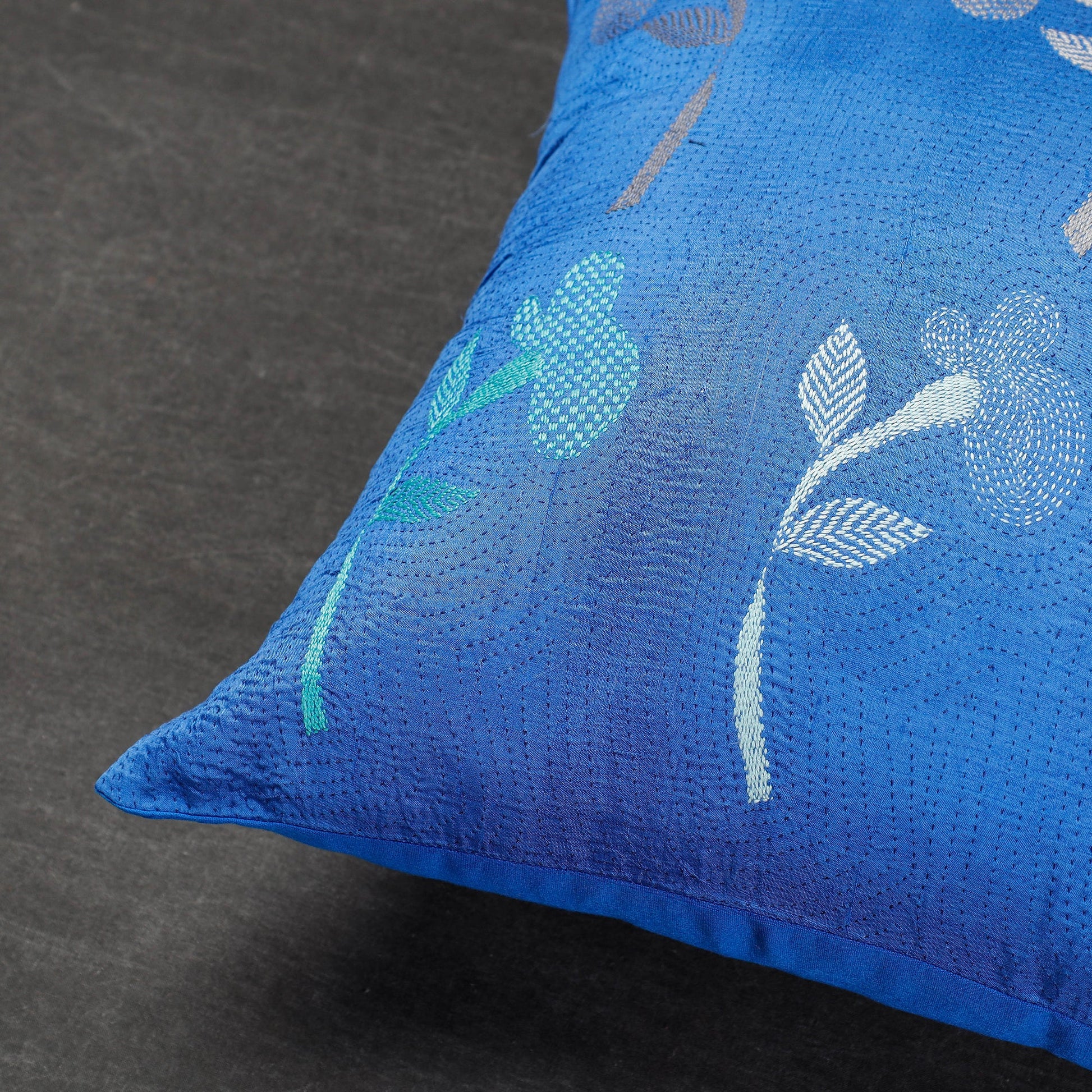 Blue - Bengal Kantha Embroidery Mulberry Silk Cushion Cover (16 x 16 in)