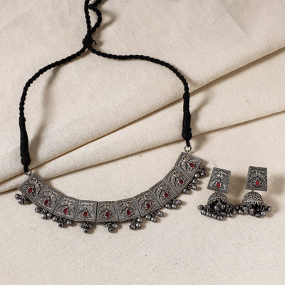 Antique Silver Finish Oxidised Brass Base Necklace Set