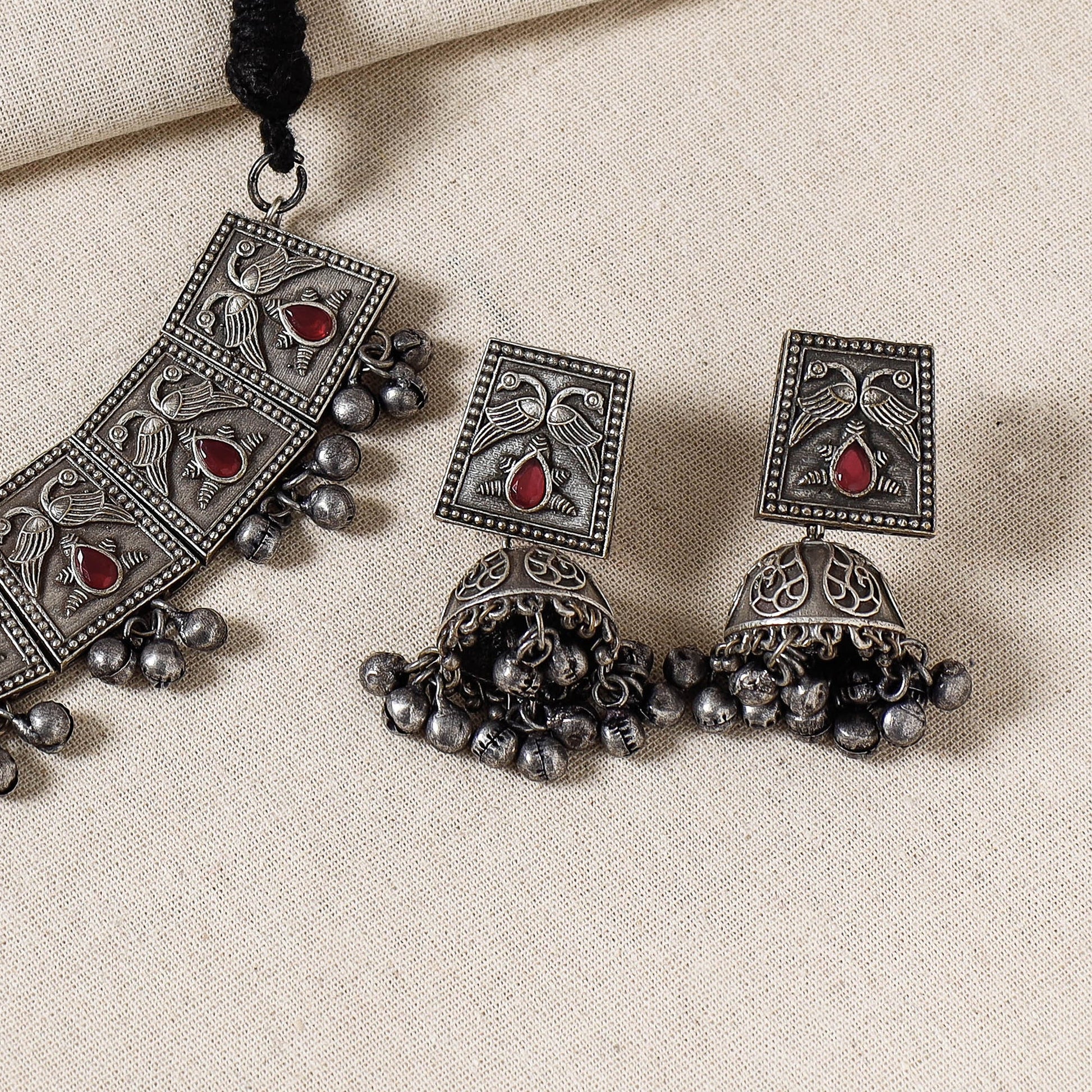 Antique Silver Finish Oxidised Brass Base Necklace Set