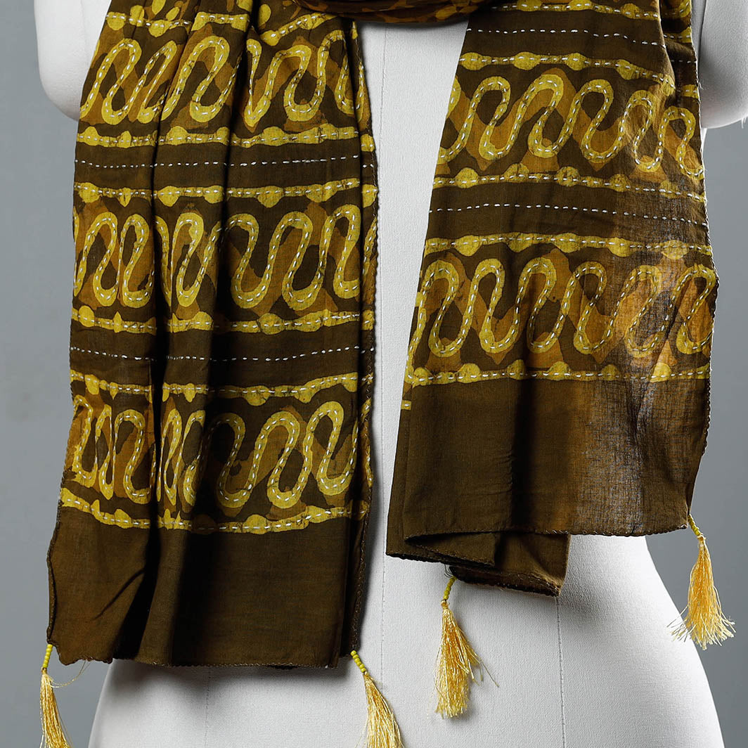 Brown - Bagru Block Printed Tagai Work Cotton Stole with Tassels
