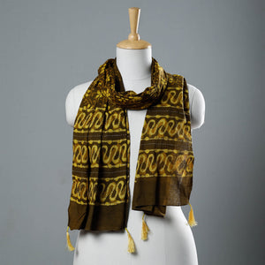 Brown - Bagru Block Printed Tagai Work Cotton Stole with Tassels