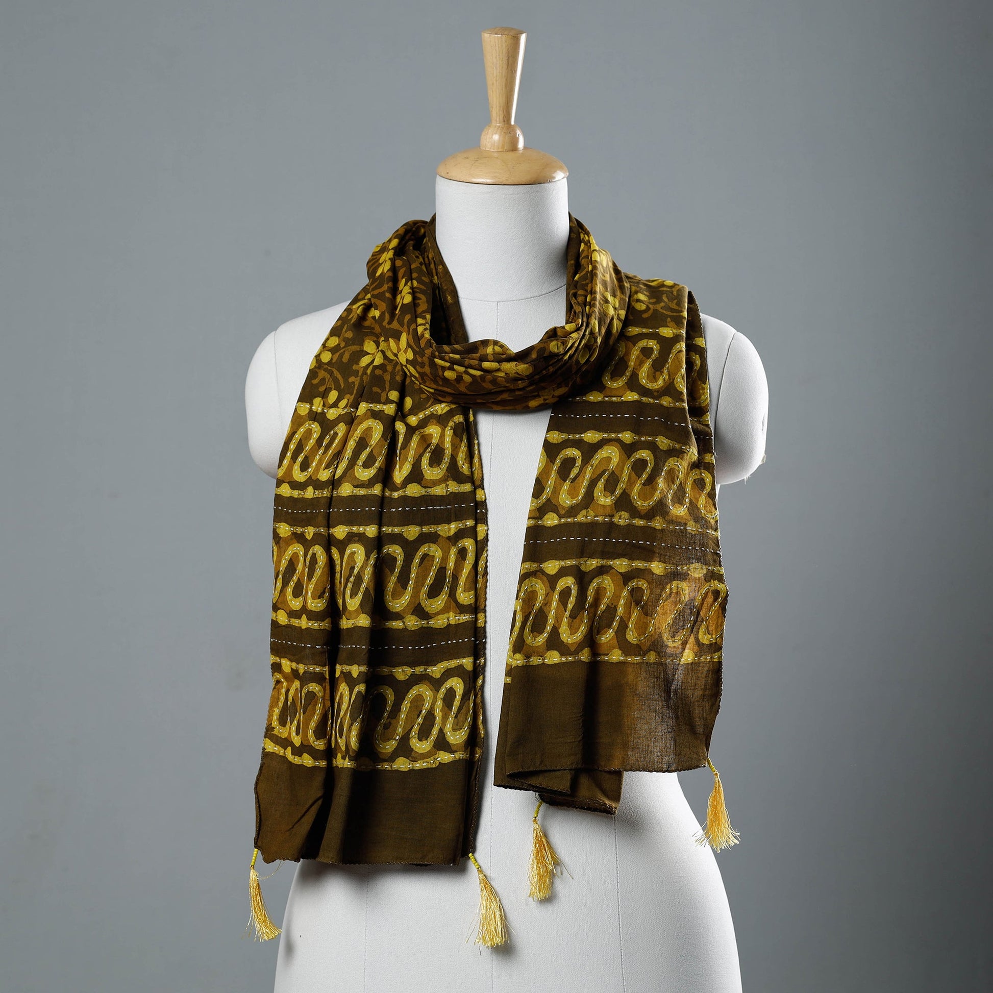 Brown - Bagru Block Printed Tagai Work Cotton Stole with Tassels