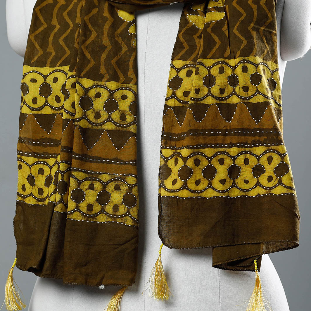Brown - Bagru Block Printed Tagai Work Cotton Stole with Tassels