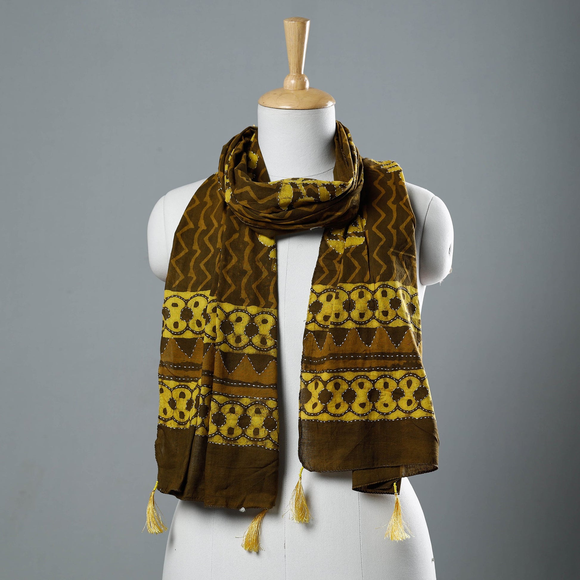 Brown - Bagru Block Printed Tagai Work Cotton Stole with Tassels