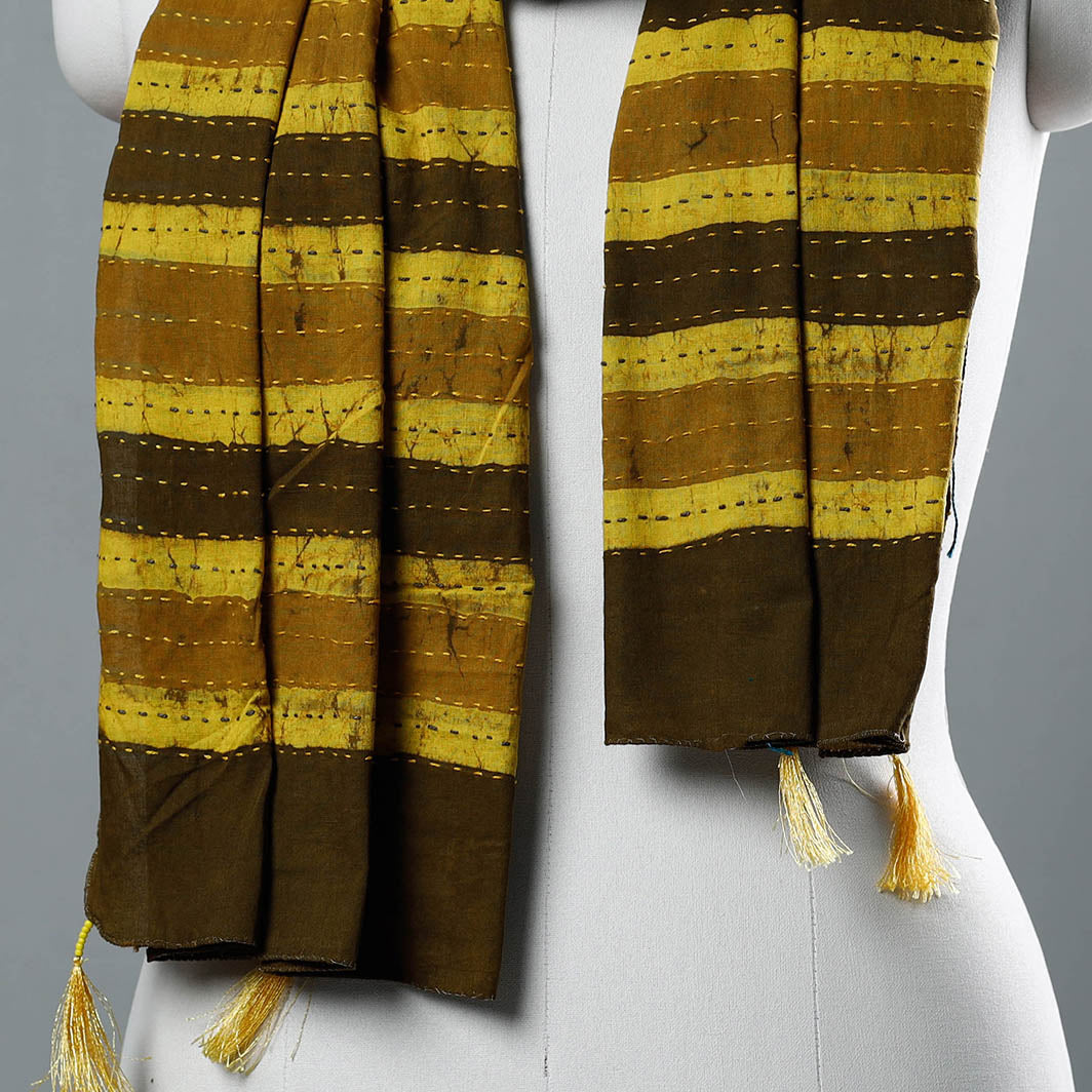 Brown - Bagru Block Printed Tagai Work Cotton Stole with Tassels