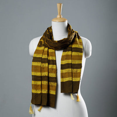 Brown - Bagru Block Printed Tagai Work Cotton Stole with Tassels