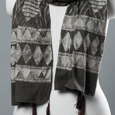 Brown - Bagru Block Printed Tagai Work Cotton Stole with Tassels