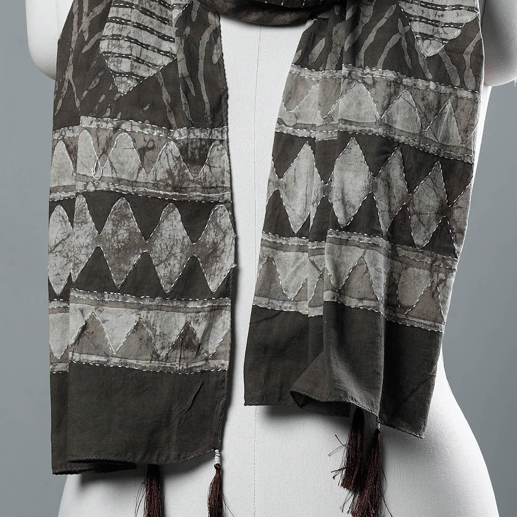 Brown - Bagru Block Printed Tagai Work Cotton Stole with Tassels