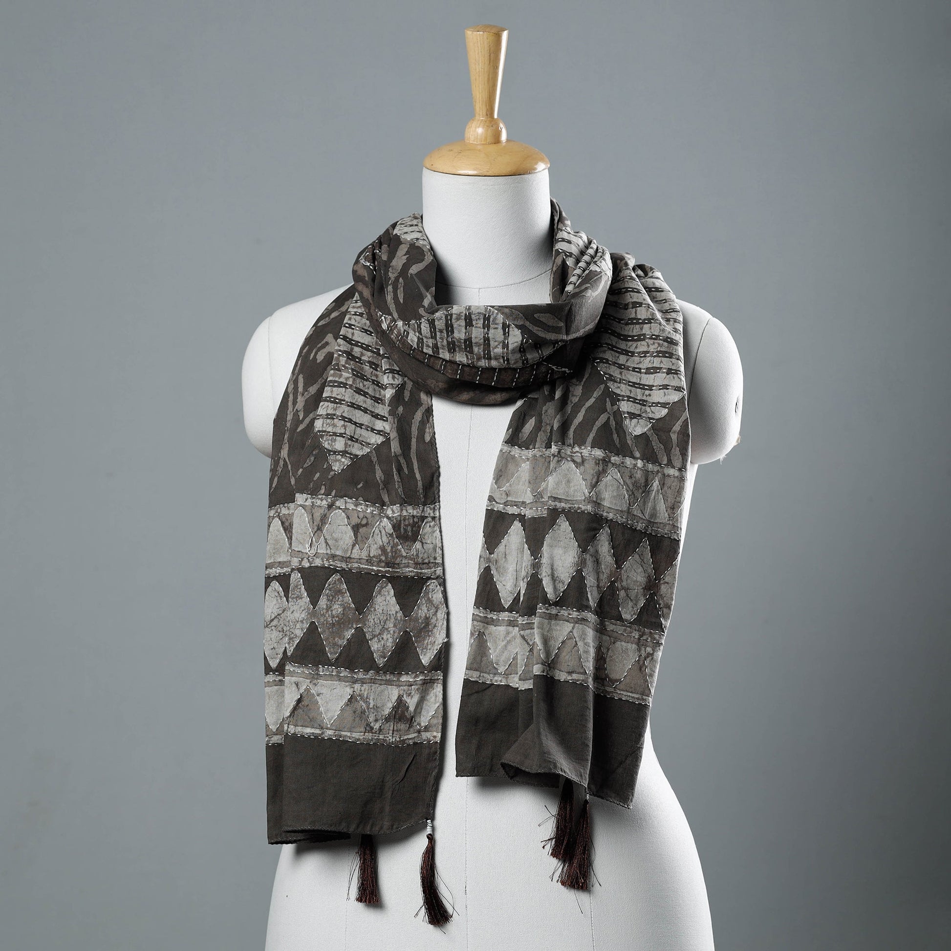 Brown - Bagru Block Printed Tagai Work Cotton Stole with Tassels