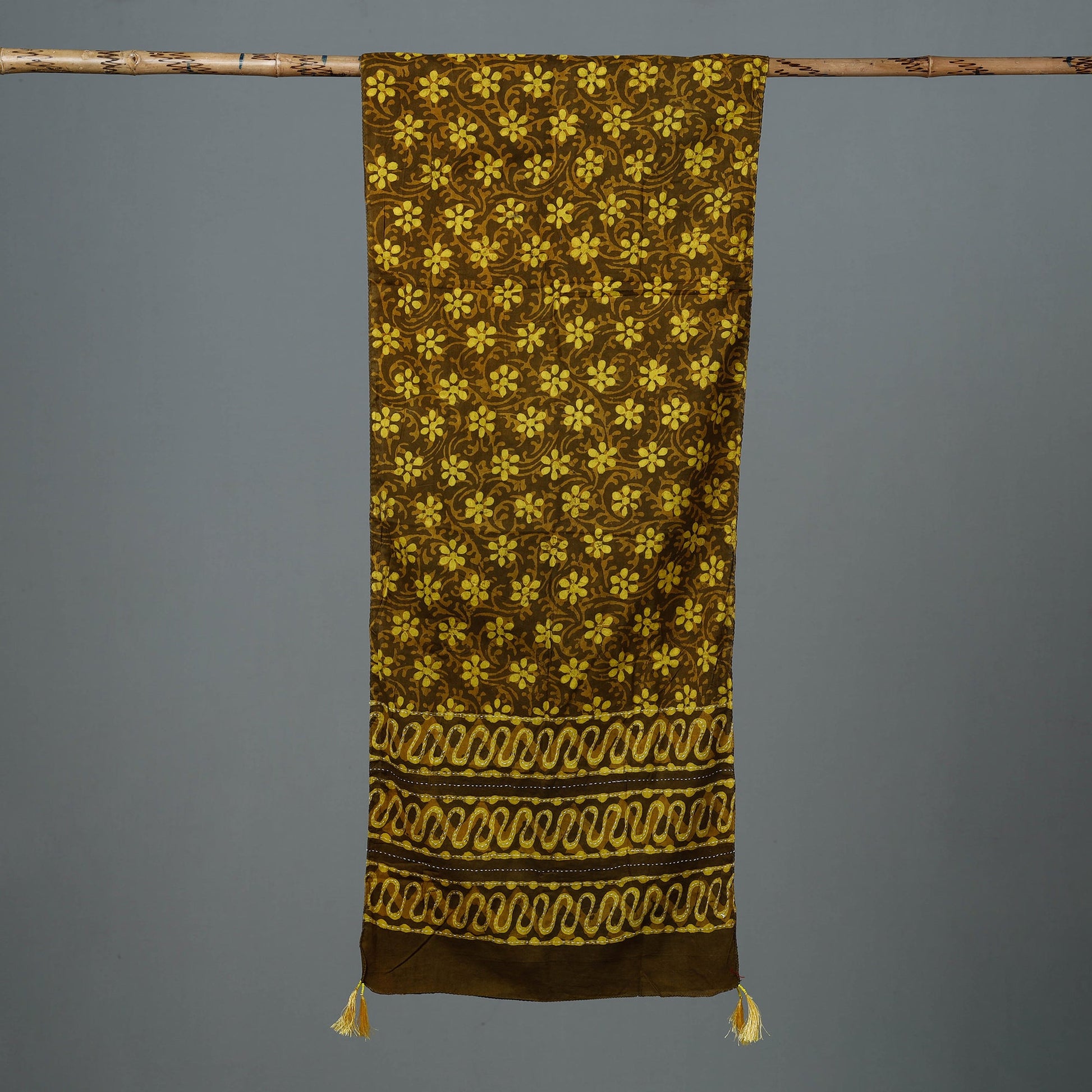 Brown - Bagru Block Printed Tagai Work Cotton Stole with Tassels