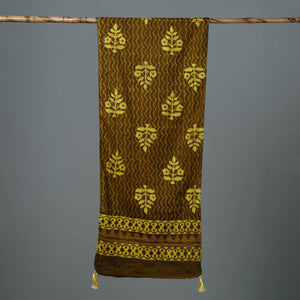 Brown - Bagru Block Printed Tagai Work Cotton Stole with Tassels