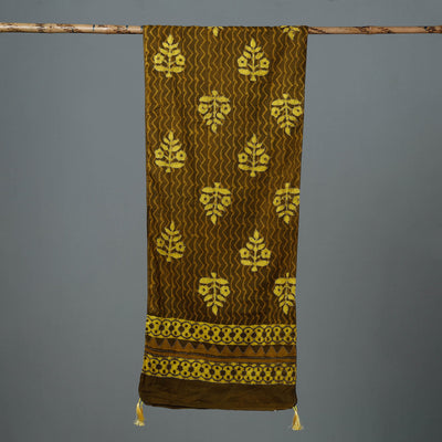 Brown - Bagru Block Printed Tagai Work Cotton Stole with Tassels