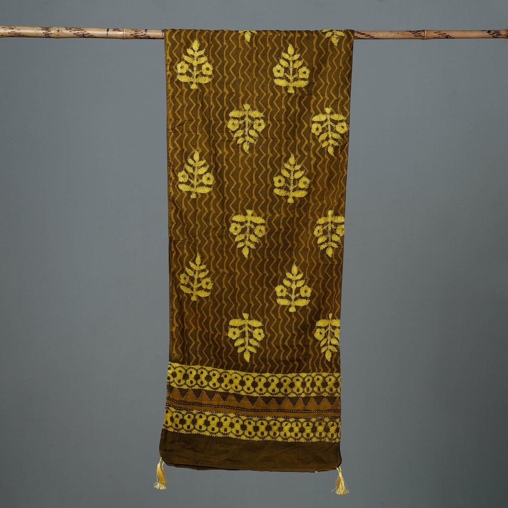 Brown - Bagru Block Printed Tagai Work Cotton Stole with Tassels