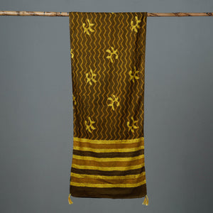 Brown - Bagru Block Printed Tagai Work Cotton Stole with Tassels
