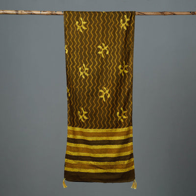 Brown - Bagru Block Printed Tagai Work Cotton Stole with Tassels