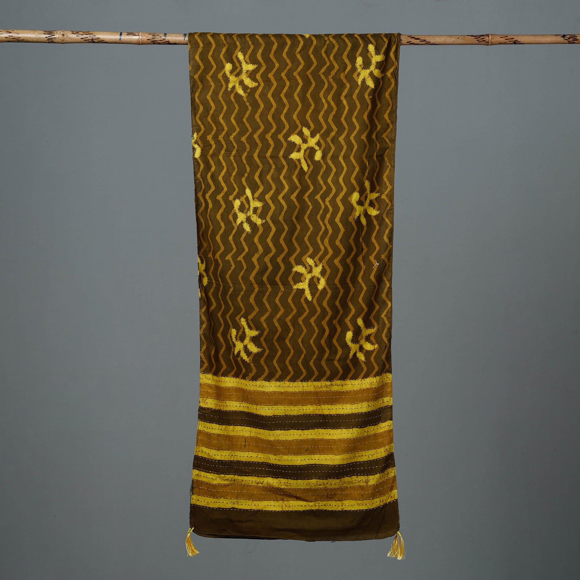 Brown - Bagru Block Printed Tagai Work Cotton Stole with Tassels