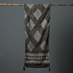Brown - Bagru Block Printed Tagai Work Cotton Stole with Tassels