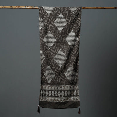 Brown - Bagru Block Printed Tagai Work Cotton Stole with Tassels